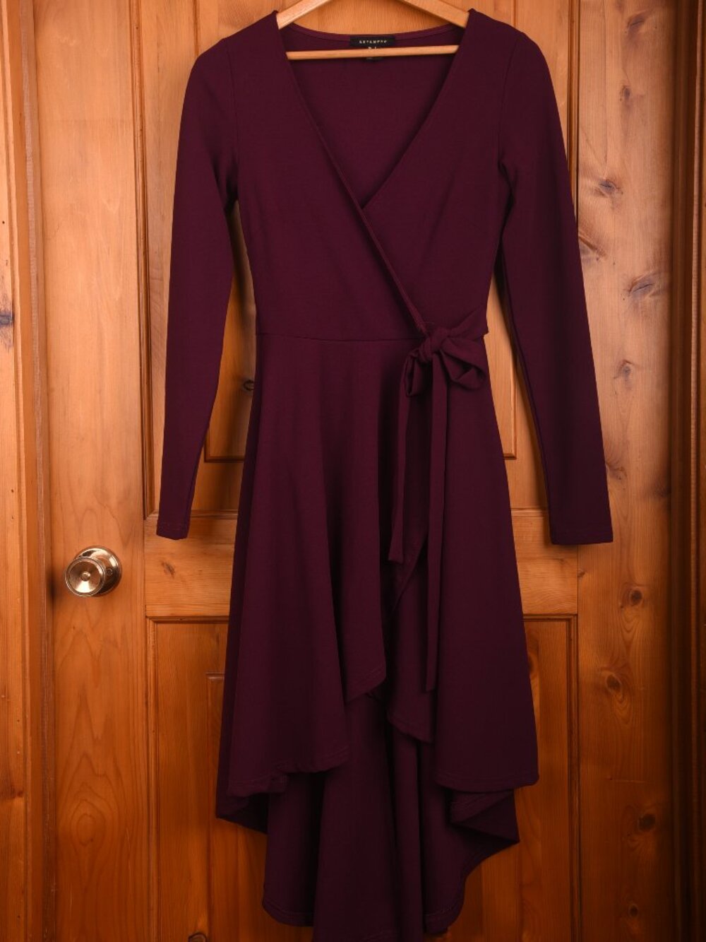 Deep Wine Red Faux Wrap Dress with Side Waist Tie – Size Small